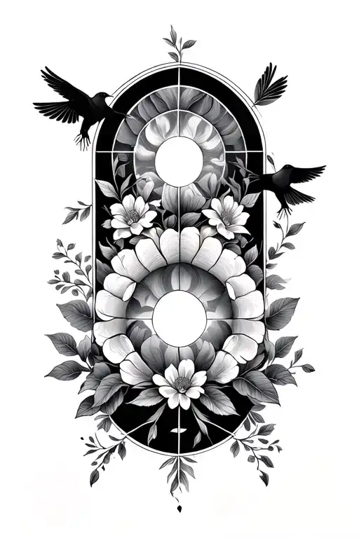 A Black And White Square And Circular Geometric Design Incorporating Flowers And Birds