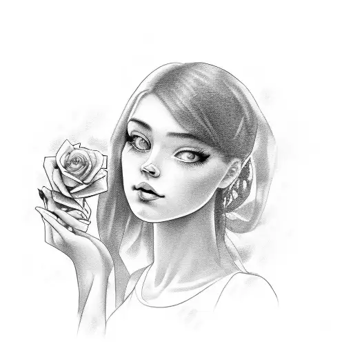A Portrait Of A Girl Holding A Rose With The Word 'Love' Incorporated