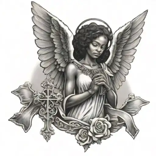 African American Female Angel Holding Faith Cross Made