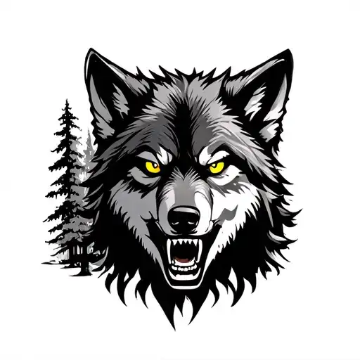 Angry Wolf With Yellow Eyes And Trees Realisim