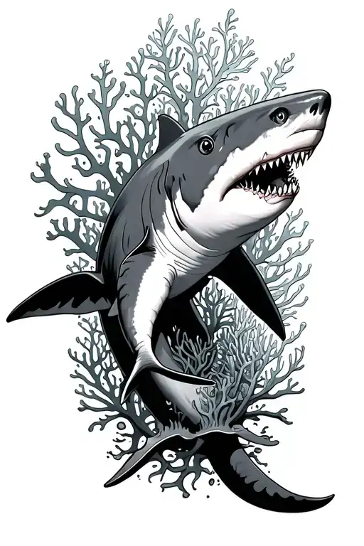 Left Arm Sleeve With Coral Background Fine Line With A Shark