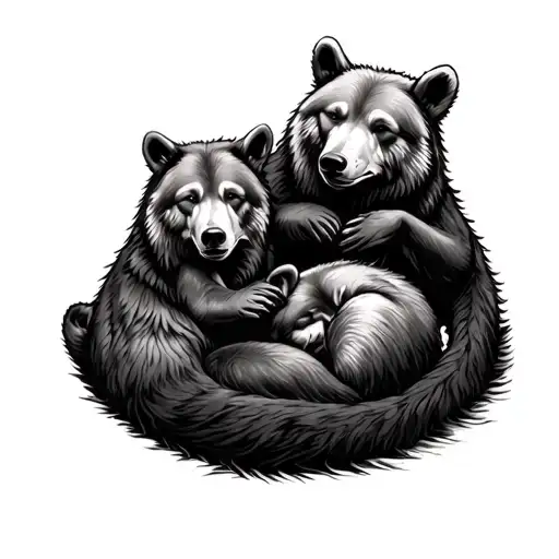 2 Bears And 1 Wolf Curled Up Sleeping