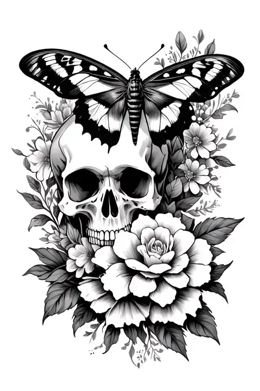 Skull Floral With Moth