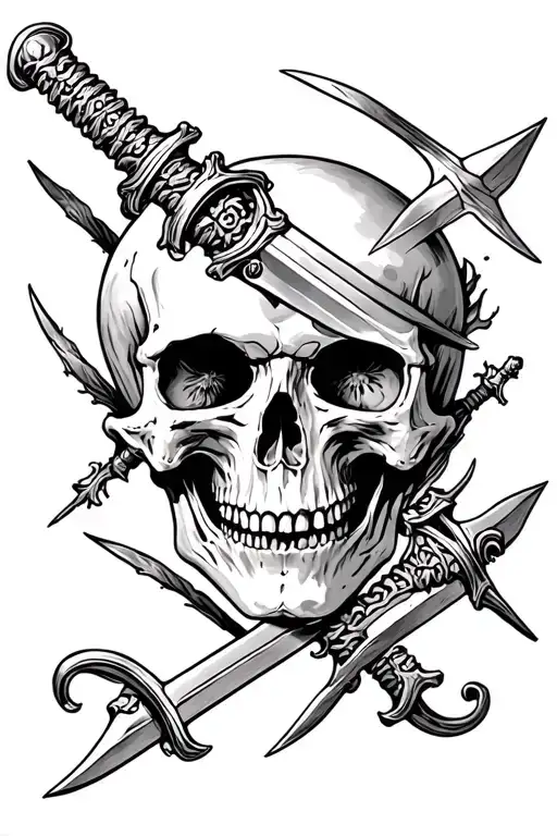 Skull Bites Other Skull With Swords Through Eye Sockets