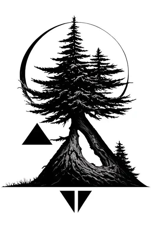 Minimalistic Fir Tree With Circle Behind The Upper Part And Two Open Triangle On The Downside