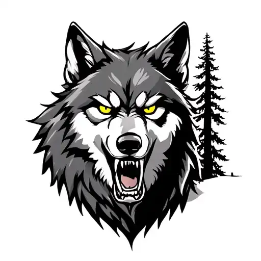 Angry Wolf With Yellow Eyes And Trees