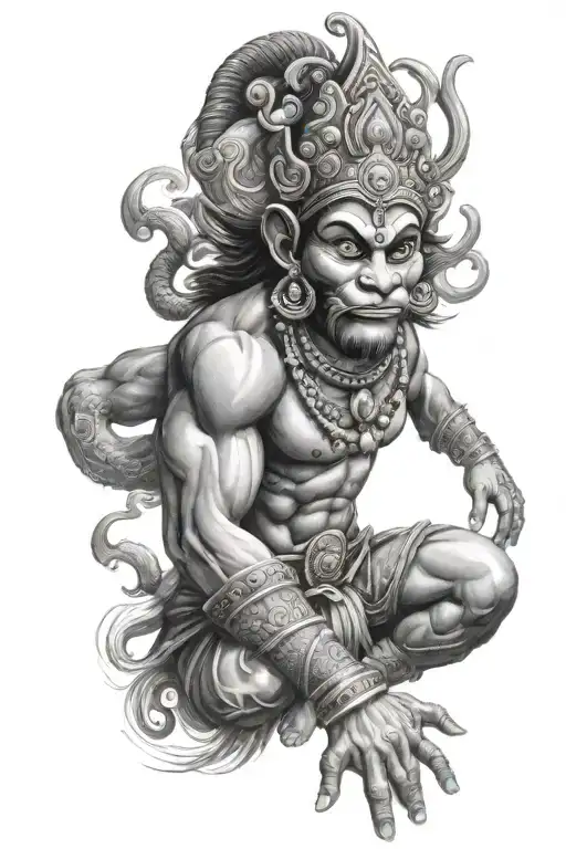 Hanuman With Other Elements In Action On Arm That Spreads To Tricep And Little Bit Till The Elbow