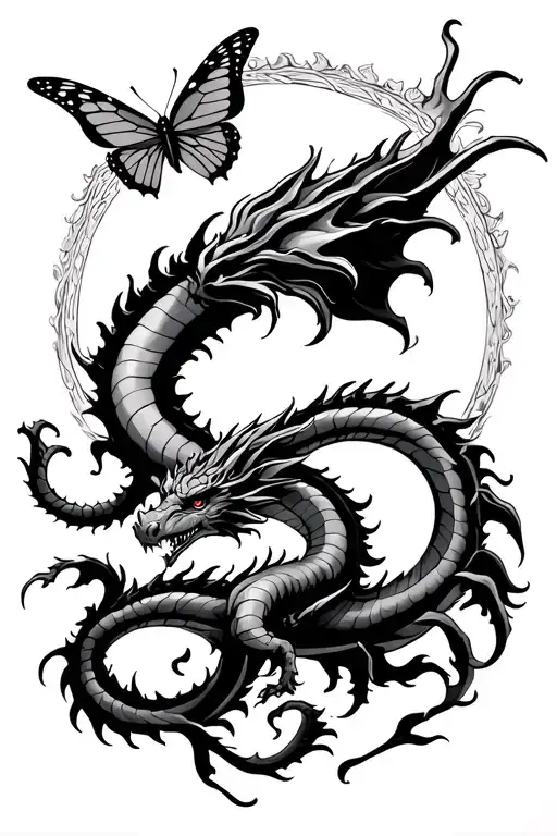 Dragon`s And Butterfly Flying Towards The Sun