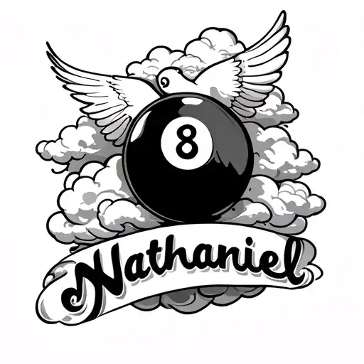 Clouds Surrounding The Name Nathaniel With A 8 Ball And A Flying Dove On Forearm