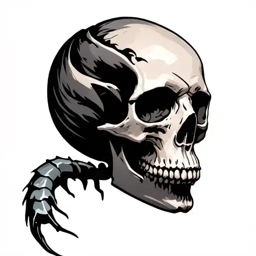 A Tatto Of A Human Skull With The Back Of It Transformed To A Scorpio Tail