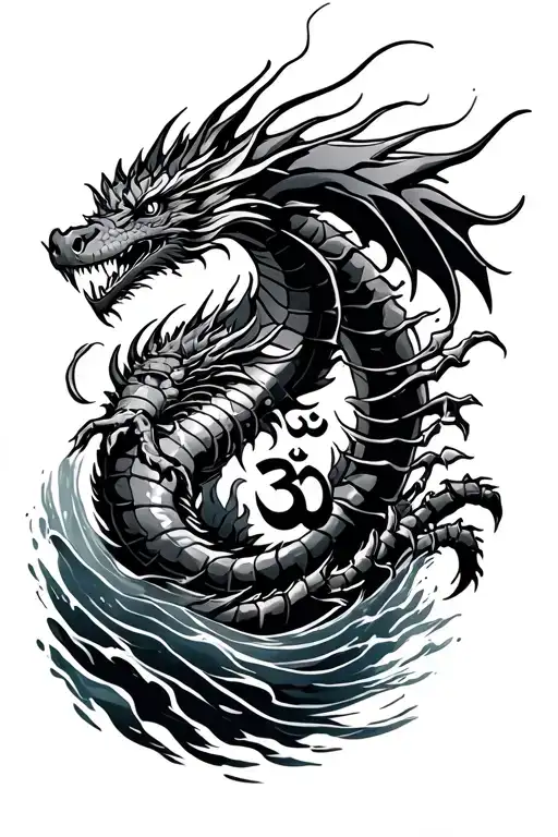 Dragon Coming Out Of Water With A Scorpion And Om Symbol Inbetween