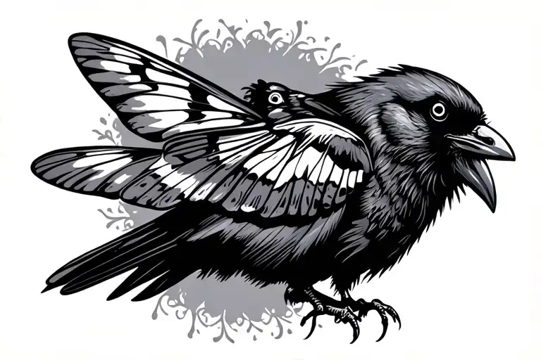 Crow And Moth Flying