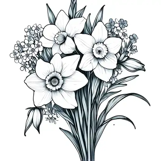 Daffodil And Forget Me Not Flower Bouquet Fine Line