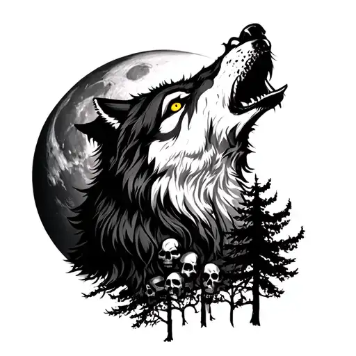 Angry Wolf Howling At The Moon Yelllow Eyes And Skulls And Trees