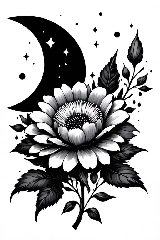 Flower With A Moon And Minimal Sparkles Illustrative Style