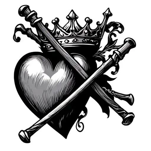 Queen Of Heart Card And Walking Sticks Crossed