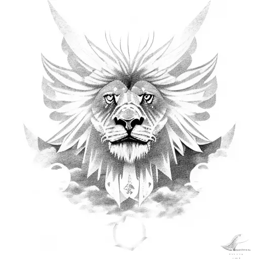 An Eagle Soaring Through The Clouds With A Lion's Head On Its Chest