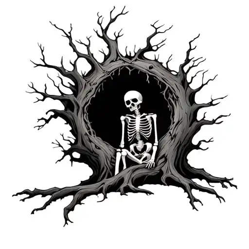 A Dead Hollow Tree With A Skeleton Resting Inside