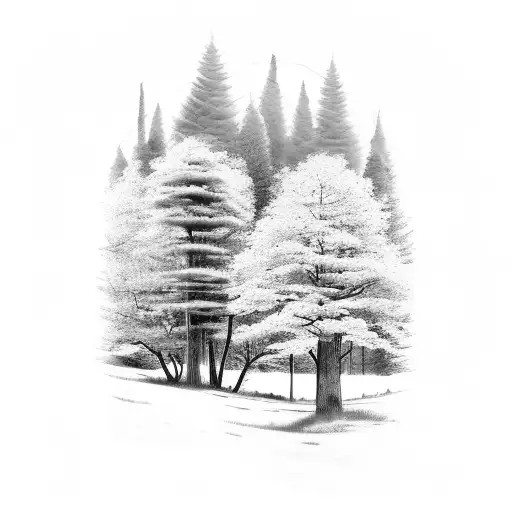 A Black And Grey Tattoo Of A Forest Scene With A Hiking Trail Winding Through It