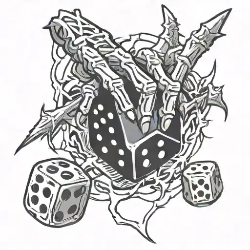 Skeleton Hand Holding Dice With Two Fingers Lightning Bolts Surrounding