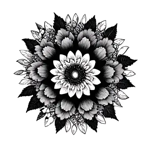 Mandala With Flowers And Pointillism In Black With Gradients