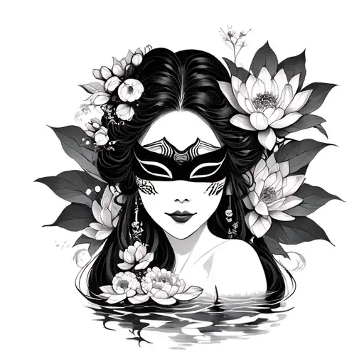 Woman With Japanese Mask And Lotus Flowers
