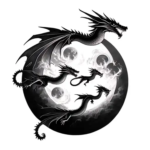 Four Small Dragons Flying In A Line And Breathing Fire With Two Full Moons