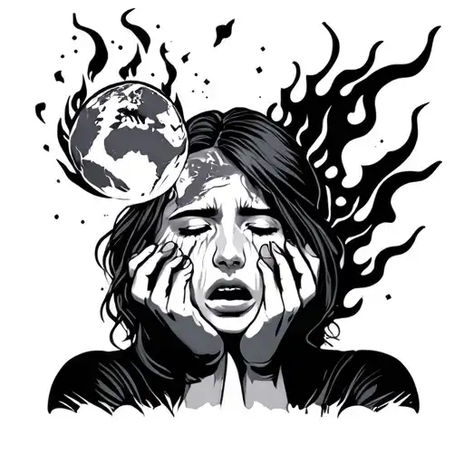 Women Crying With The World On Fire In Her Hands Holding