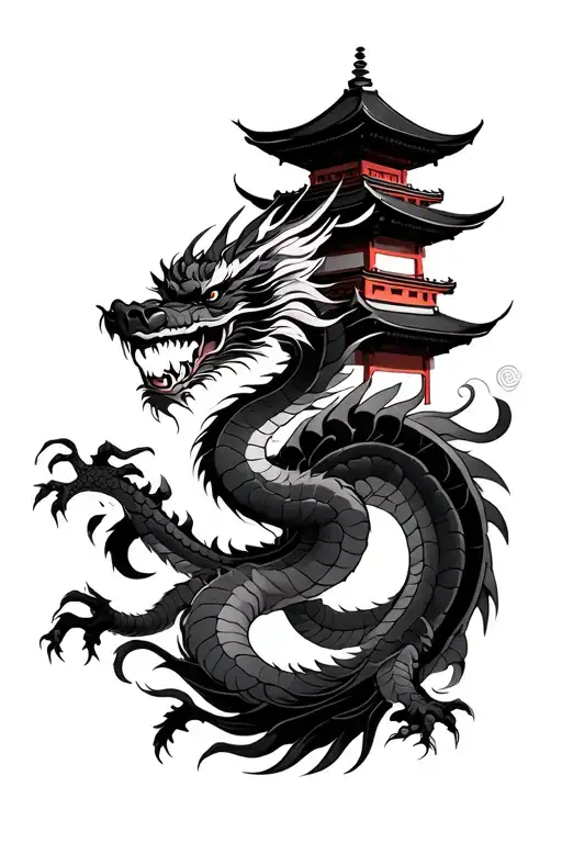 Japanese Dragon And Temple Surrounded