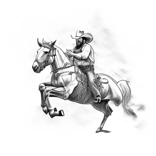 A Sketch-style Tattoo Of A Cowboy Riding A Wild Horse