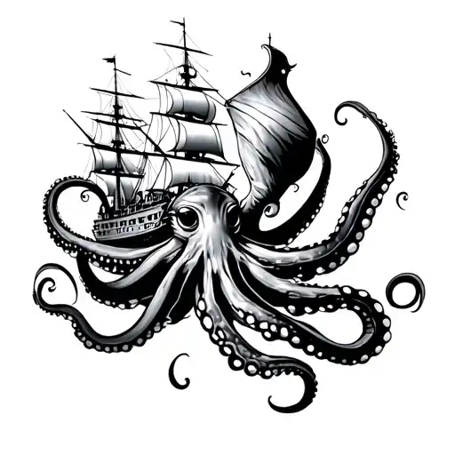 Octopus Under The Ship With Tentacles