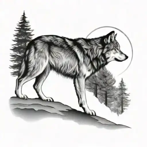 Wolf Howling At Full Moon With Forest Landscape