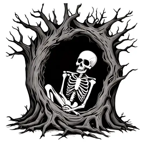 A Dead Hollow Tree With A Skeleton Resting Inside