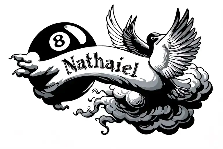 Clouds Surrounding The Name Nathaniel With A 8 Ball And A Flying Dove On Forearm