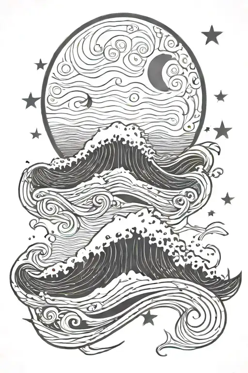 Sea Wave Under Moon And Stars Forming