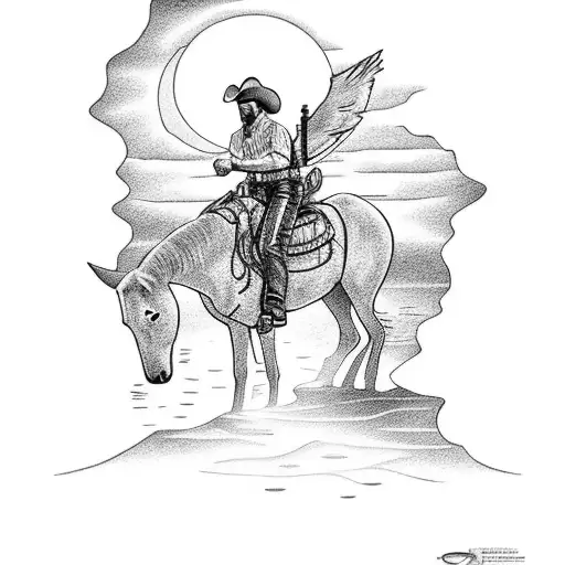 Sunset Over Water With Cowboy Riding Away