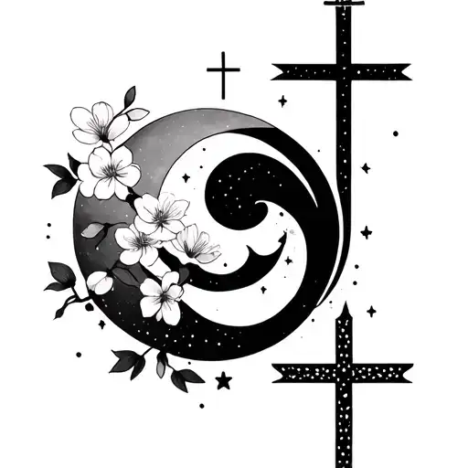 Minimalist Sakura Moon Cross And Stars