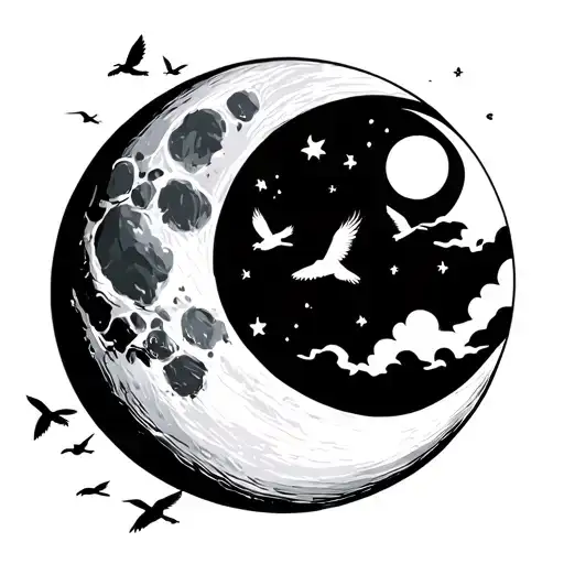 Moon With Birds Flying Away