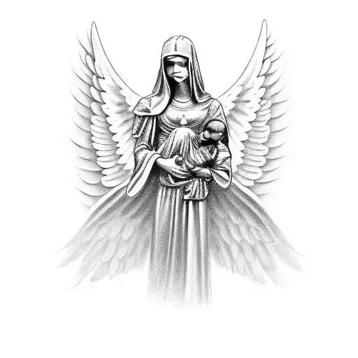 A Black-grey Tattoo Of A Guardian Angel Protecting A Peaceful Family