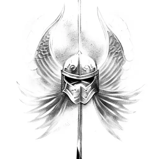 Someone In Armour Holding A Sword With A Half Angel's Wing And A Half Demon's Wing