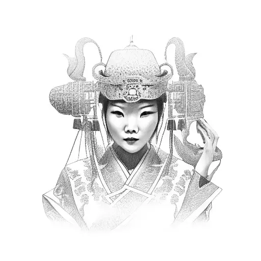 Traditional Chinese Woman With A Chinese Mask Holding A Briefcase
