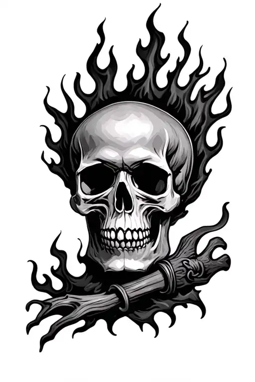Skull Surrounded By Flames In Realistic Style