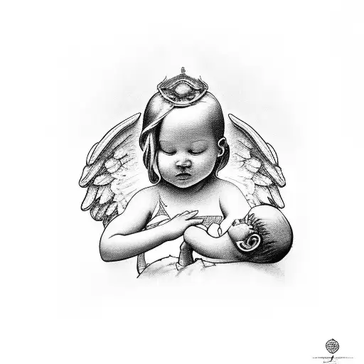 A Black-grey Tattoo Of A Guardian Angel Watching Over A Young Baby