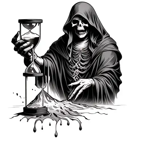 Grim Reaper Holding An Broken Hourglass With Sand Flowing Out Of The Bottom Of It