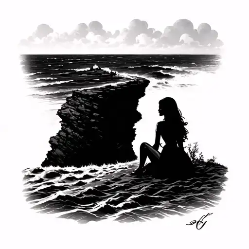 Girl Sitting On Cliff Overlooking The Ocean