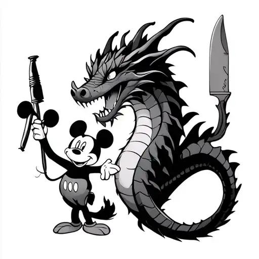 Dragon With Long Body And Mickey Mouse And Table Knife