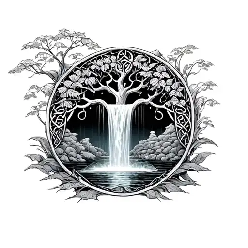 Celtic Tree Of Life W Waterfall Surrounded By Lush Greenery