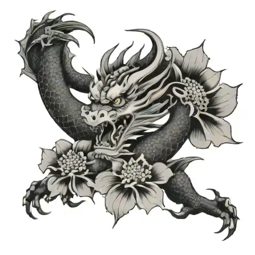 Japanese Dragon And Flowers