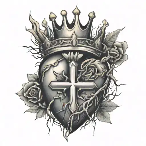 Anatomical Heart With Three Crosses And A Crown Of Thorns Bleeding