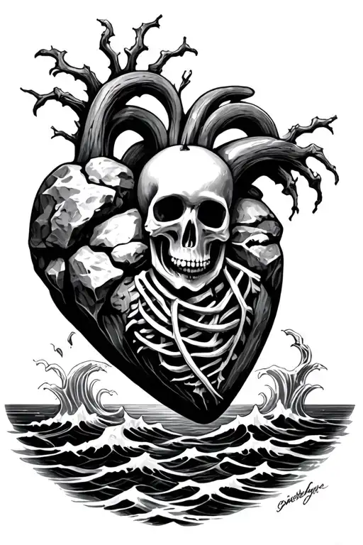 Skeletal Remains On Heart Shaped Boulders Covered By The Flowing Ocean